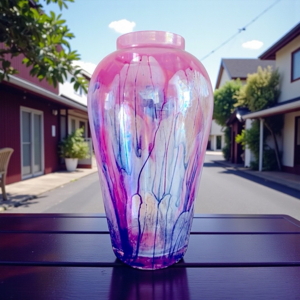 Vintage 1-of-a-Kind Hand-Painted Rueven Art Glass 7" Vase - Nouveau Art Glass Co
